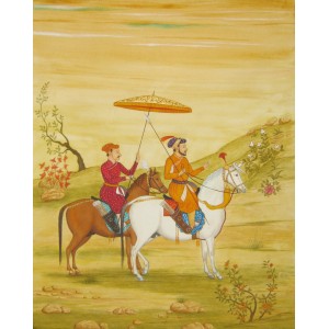 Syed A. Irfan, Shah Jahan and Son Dara Shikuh, 10 x 14 Inch, Watercolor, Teawash& Gold on Wasli, Figurative Painting, AC-SAI-036